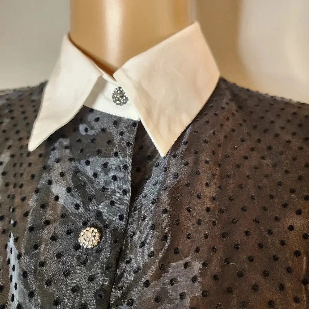 NWT Zara Jewel Button Black Sheer Velvet Dot Puff Sleeve Blouse Top Size Small